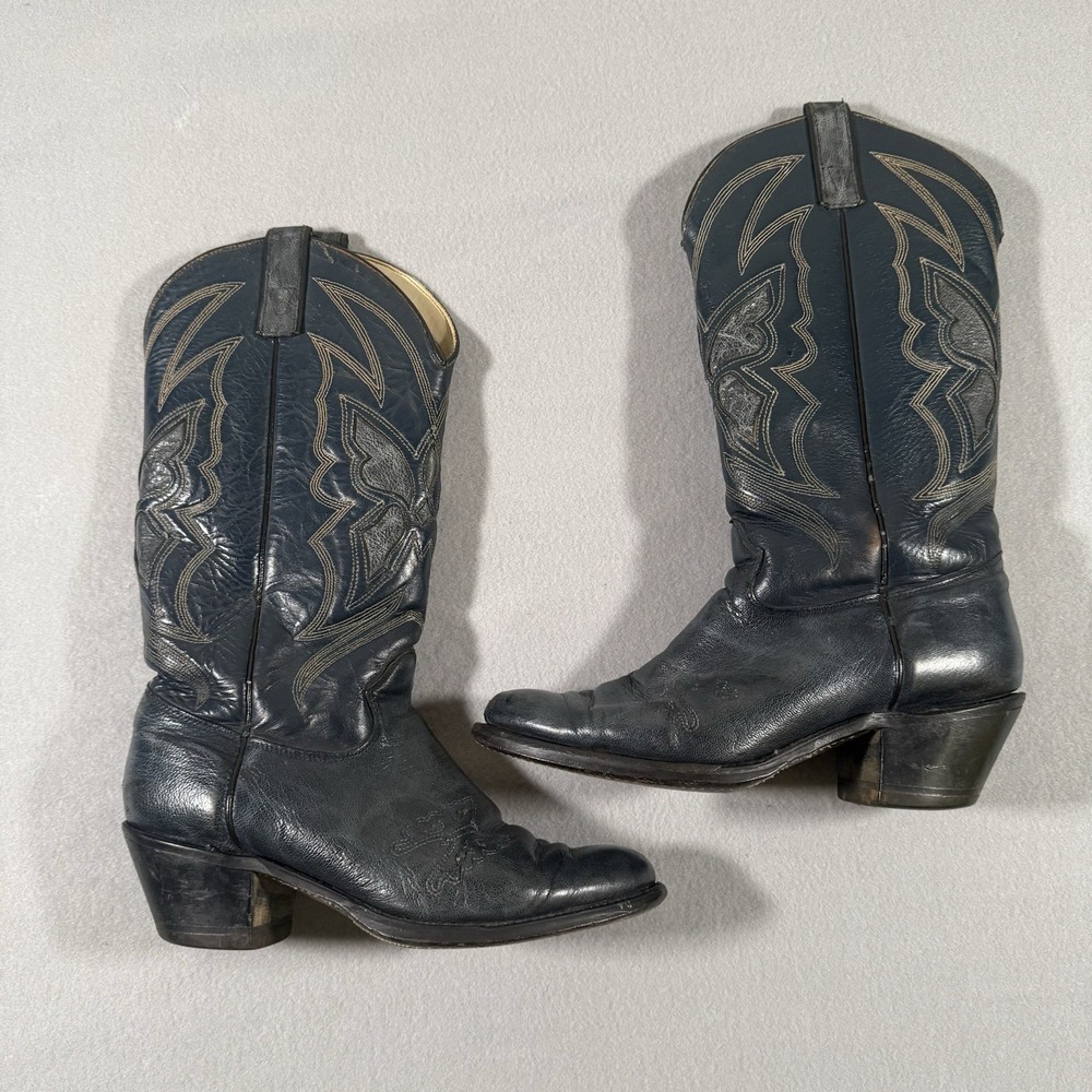 Vintage Women's Imperial Butterfly Inlay Western Cowboy Boots Blue Leather 8M